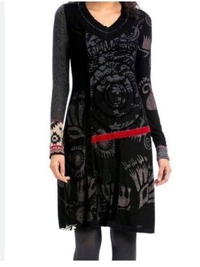 Desigual Black Long Sleeve V-Neck Dress with Red Waist Detail Sz M NWT